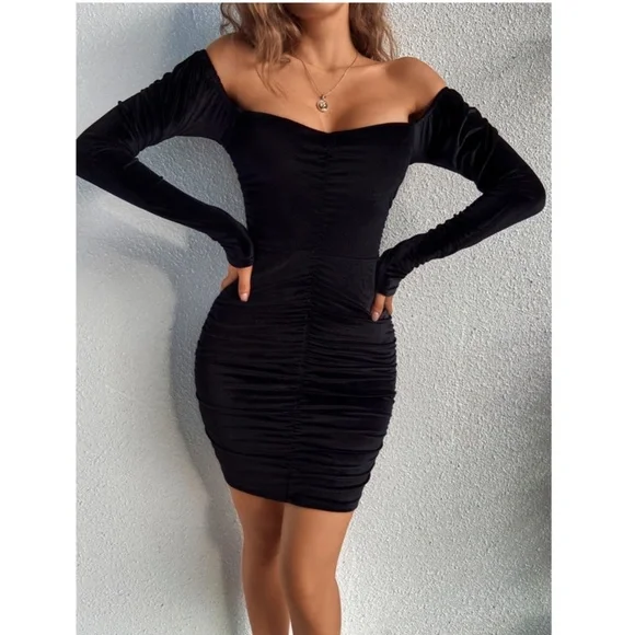 Ruched Black Velvet Mini Dress - Picture 5 of 9